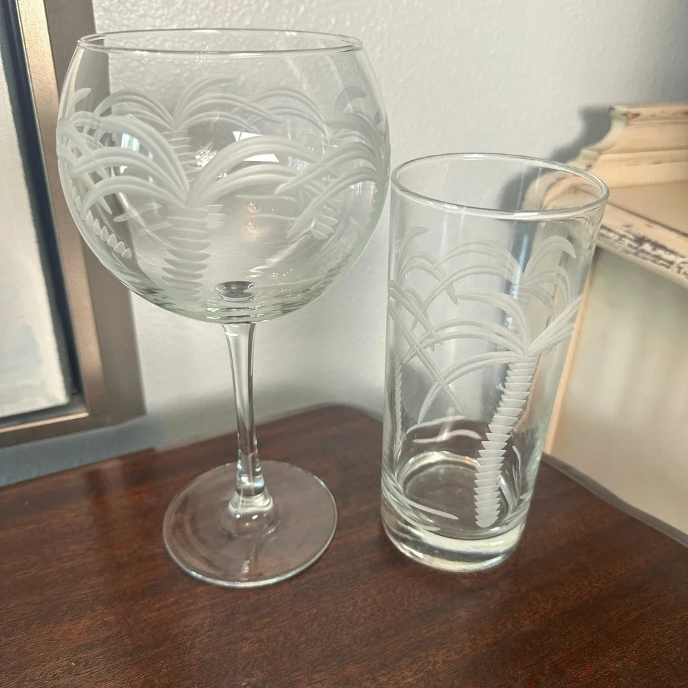 Rolf Glass Palm Tree Glassware Pair Wine Balloon & Highball Tropical Barware